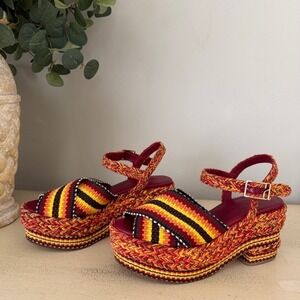 Antolina Paris Woven Textile Women Sz 8 Striped Platform Sandal Red/Yellow/Black